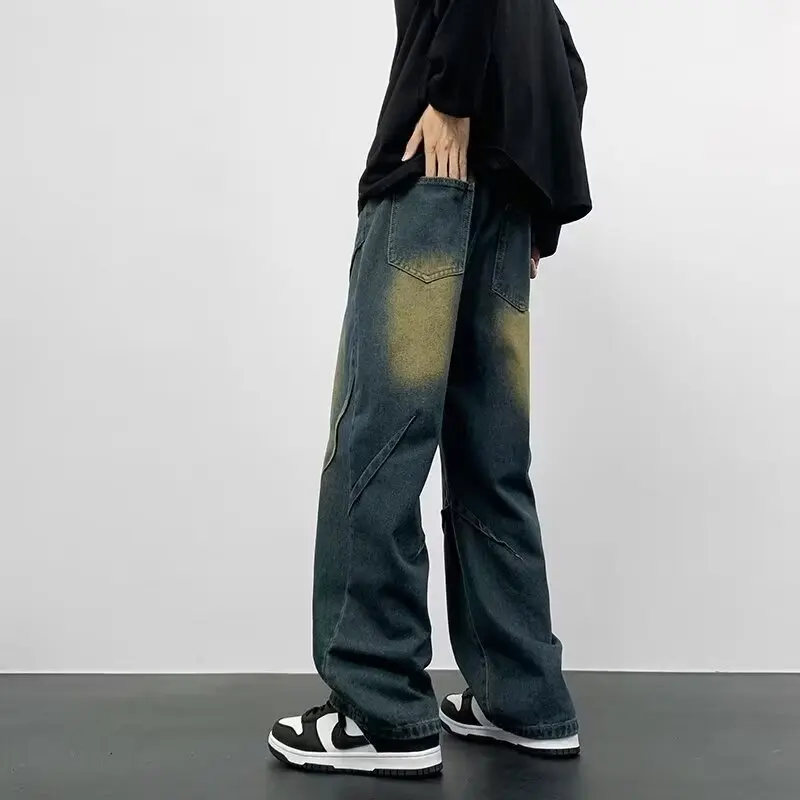 Vintage Blue Jean Pants Men Hip Hop Denim Trousers Male Streetwear Fashion Elastic Waist Autumn Retro Casual Straight Jeans