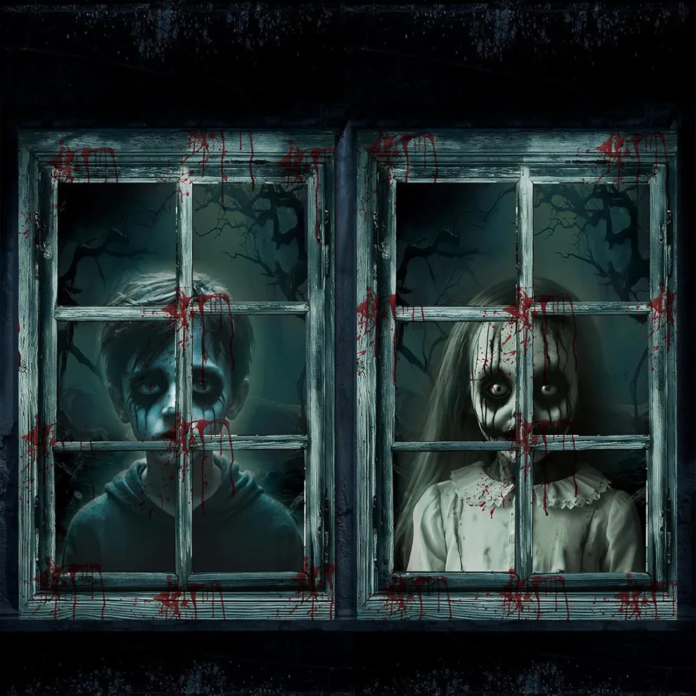 

2 PCS Scary Curtain For Halloween Party Decorations Oxford Fabric Window Cover Horror Girl Boy Ghost Poster Backcloth Home Decor