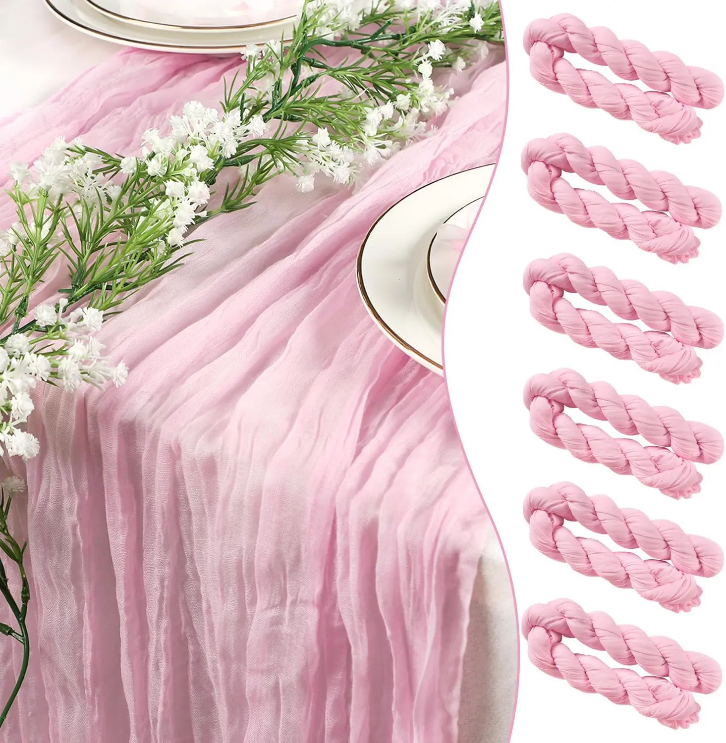 90*300CM Light Pink Cheesecloth Table Runner Boho Gauze Fabric Rustic Sheer Table Runners Chair Sashes For Wedding Bridal Shower