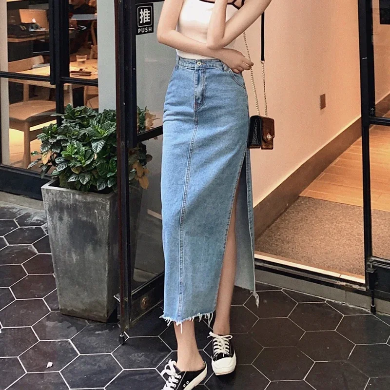 REALEFT 2025 Summer New Denim Skirts for Women Vintage High Waist Side Split Casual Long Pencil Solid Women's Skirts Female