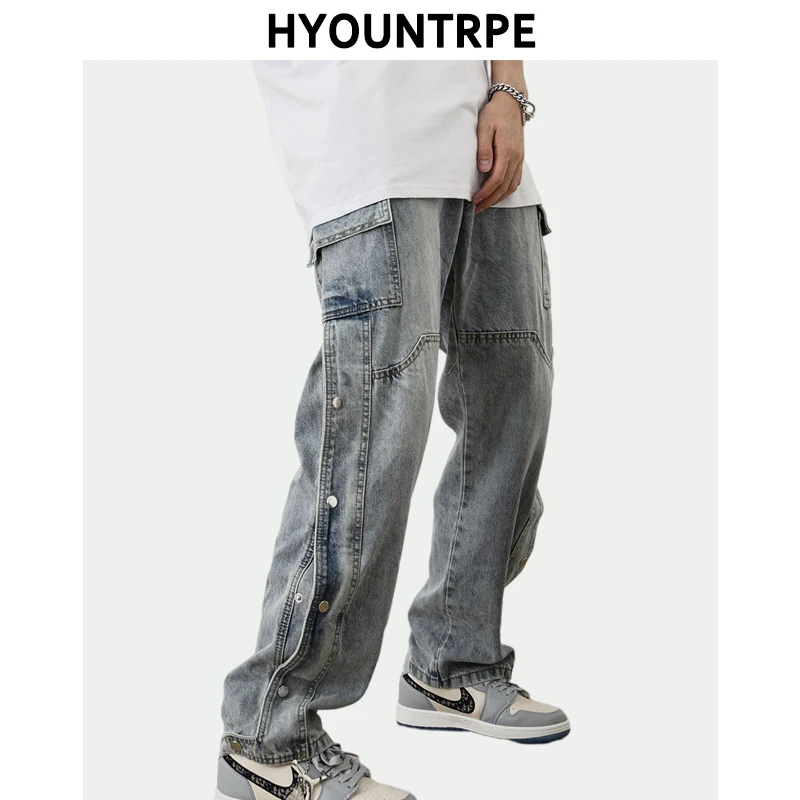 Men Fashion Denim Jeans Casual Bottom Button Open Straight Jeans with Pockets Hip Hop Streetwear Zipper Cargo Joggers Jean Pants