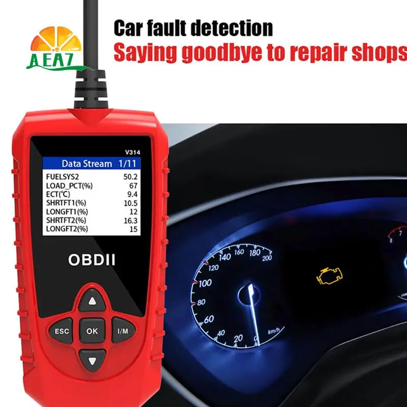 

AEA7-V314 Автомобильный диагностический инструмент Автомобильный сканер OBDII Считыватель Обнаружение автомобильных неисправностей Встроенная карта считывания кодов