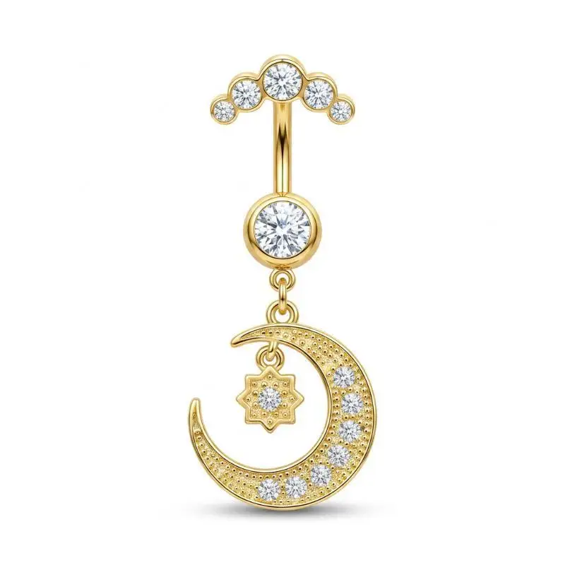 5 Pcs Fashion Rhinestones Belly Button Rings Heart Dangle Curved Navel Piercing Jewelry for Summer Pool Party