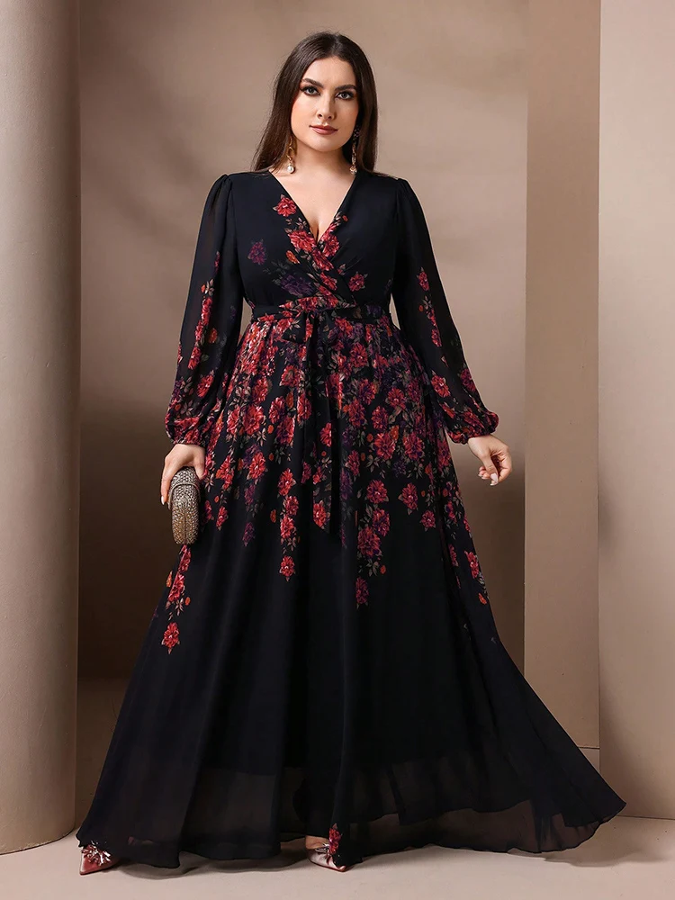 TOLEEN-Robe à manches longues à col en V à imprimé floral pour femmes, grande taille, printemps, été, décontracté, élégant, fête formelle, robes