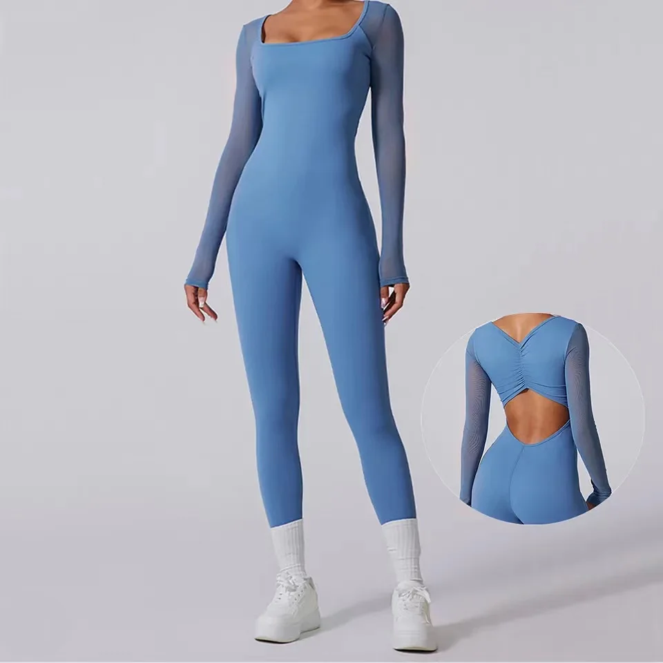 Yeni ped örgü uzun kollu gömlek kadın spor Yoga seti kıyafet Fitness egzersiz Legging tek parça tulum spor spor Bodysuit