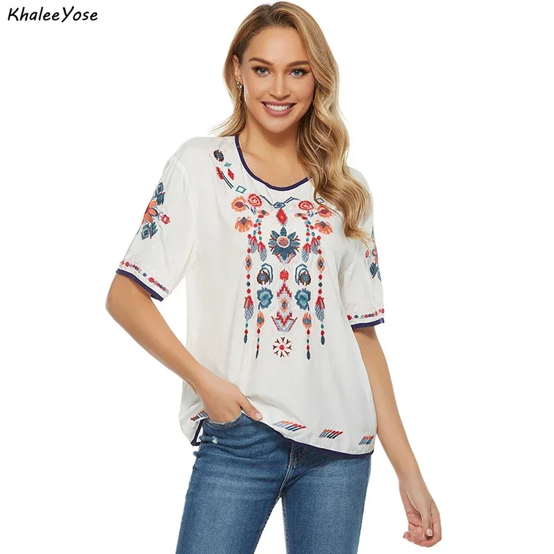 KHALEE YOSE Cotton Boho Floral Embroidery Blouses Mexican Spring Short Sleeve Shirt Women Lace Tie Up 3xl Ethnic Shirt Tops