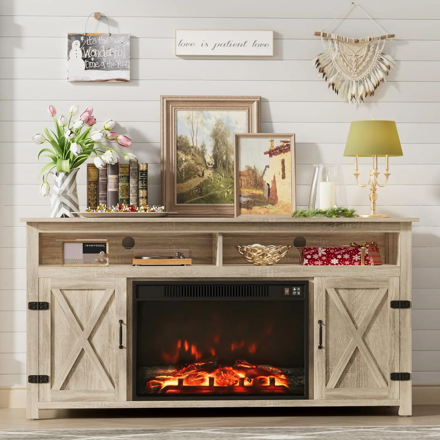 Farmhouse TV Stand for TVs Up to 65 Inch Highboy Entertainment Center with Open Storage & Side Cabinets Rustic Console with Barn