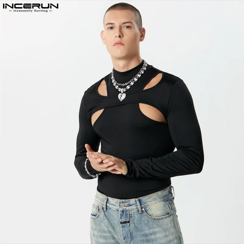 2023 Men T Shirt Solid Color Turtleneck Long Sleeve Streetwear Hollow Out Camisetas Fitness Fashion Irregular Tee Tops INCERUN