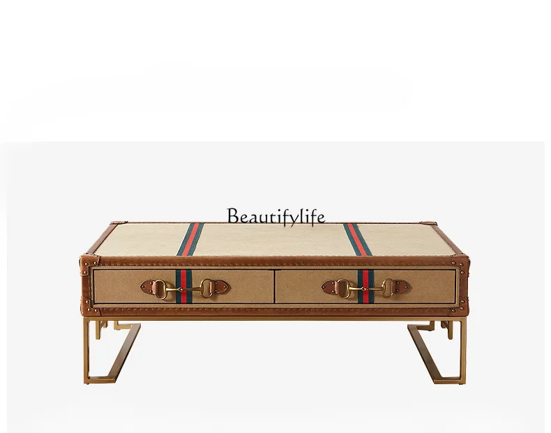 

LJYLiving Room Coffee Table Vintage Handmade Coffee Table Hotel British Canvas Iron Leather Case