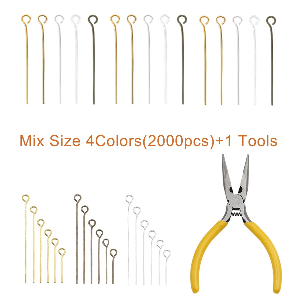 

2001pcs Eye Pins Kit with Jewelry Pliers Open Eye Pins Golden Silvery Head Pins Eye Pin for Necklace Earrings Jewelry Making