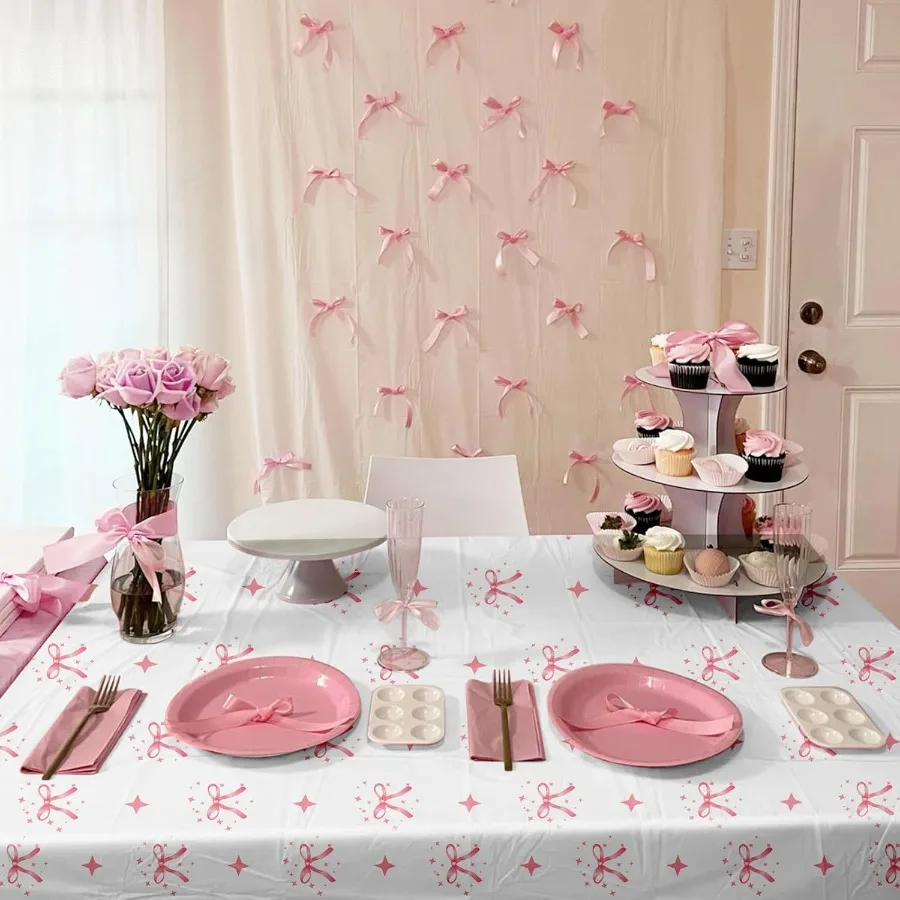 2 Pcs Pink Bow Table Cloths 54 x 108 Inches Waterproof Stain Resistant Perfect for Baby Showe Birthdays Weddings and More