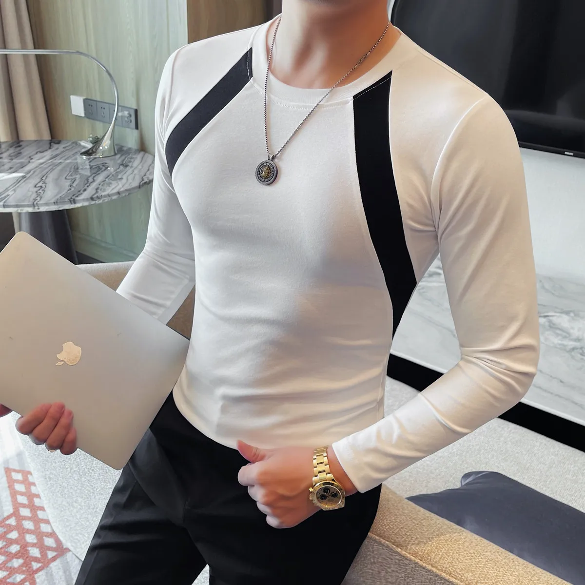 Autumn Winter Men's Long Sleeved T-shirt Slim Round Neck Casual Tshirts Patchwork Slim Fit Elastic Base Shirt Sports Running Tee