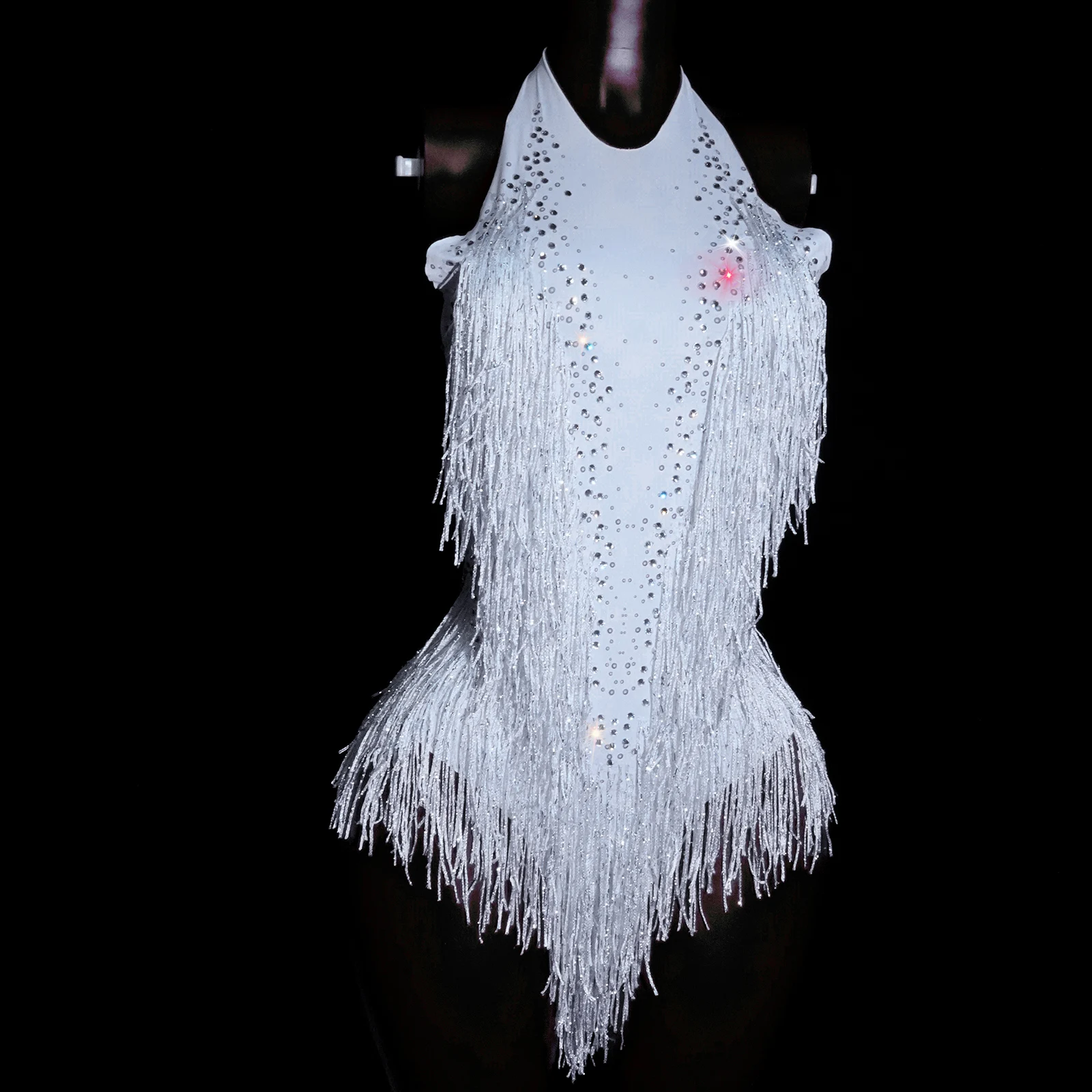 

Sexy White Rhinestone Fringes Halter Bodysuit Stars Hot Prom Latin Dance Birthday Party Stage Wear Performance Drag Queen Outfit