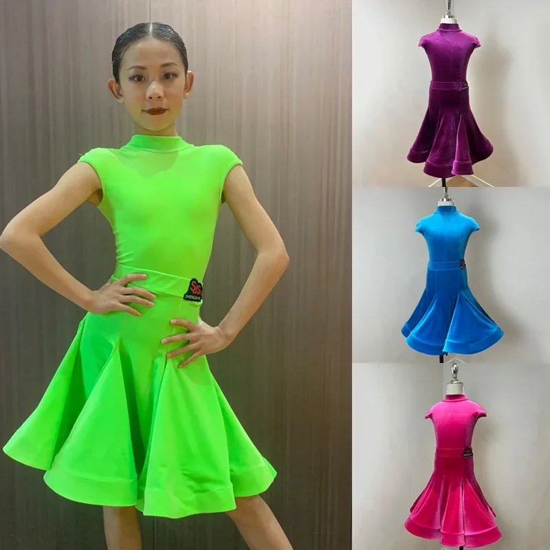 

4 Colors Velvet Latin Dance Dress Girls National Standard Ballroom Dance Competition Clothes Stage Professional Costume