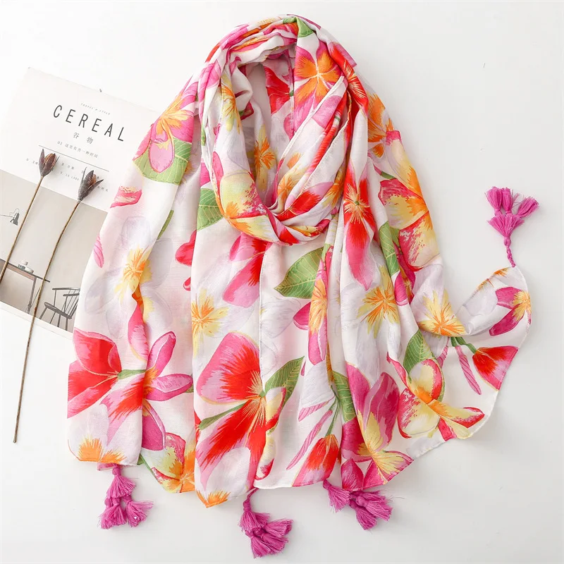 2024 Beautiful Cotton Gold Foil Flower Print Tassel Scarf Shawls Long Floral Pattern Scarves Hijab Wrap