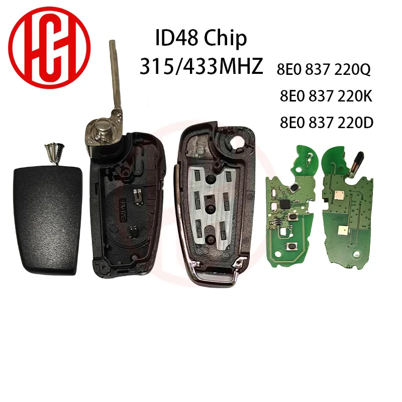 315/433mhz ID48 Chip 8E0837220E 3 Buttons Remote Car Key For Audi A4 231G 2005 Flip Folding Smart Remote Car Key Fob Replacement