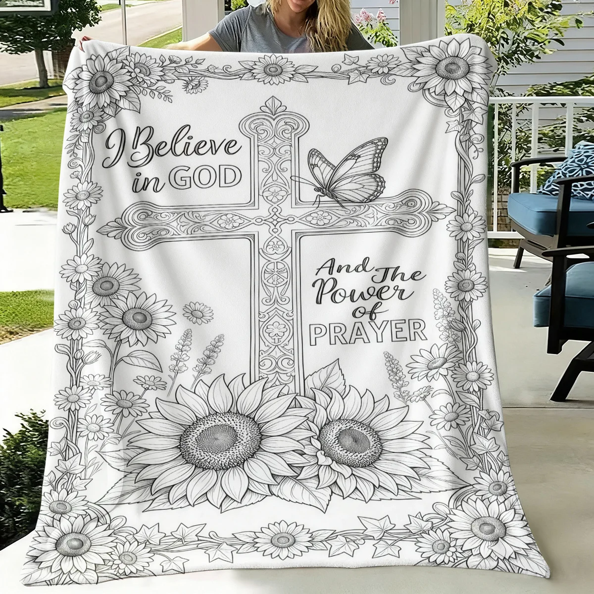 Boho Floral God Prayer Blanket Throw Christian Inspirational Sunflower Line Art Sketch Decorative Couch Bed Gift Scripture Home