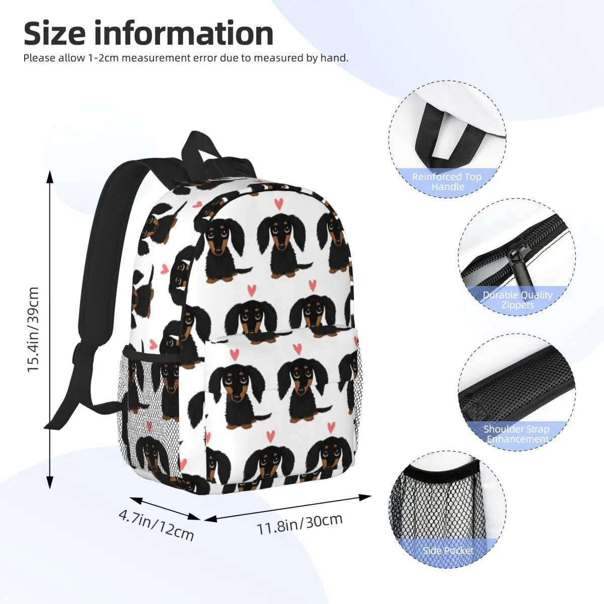 Cartoon Dog with Heart Mochilas, Black and Tan, Longhaired Dachshund, School Book Bag, Students Rucksack, Shoulder Bag, Boys, Girls