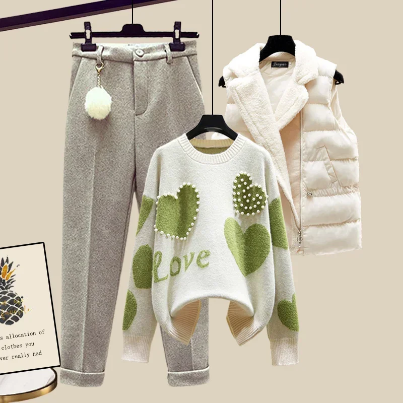 Autumn Winter New Warm Sweater 3 Piece Set Women Korean Fashion Heart-shaped Beaded Sweater +Lamb Wool Vest +Pants Suits N577