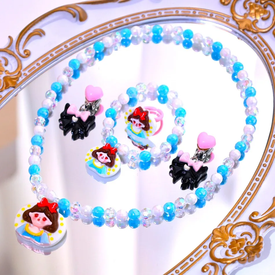 

New Toddler Girls Headwear Cartoon Snow White Necklace Bracelet Ring Earrings Set Jewelry Girls Princess Dress Baby Accessories