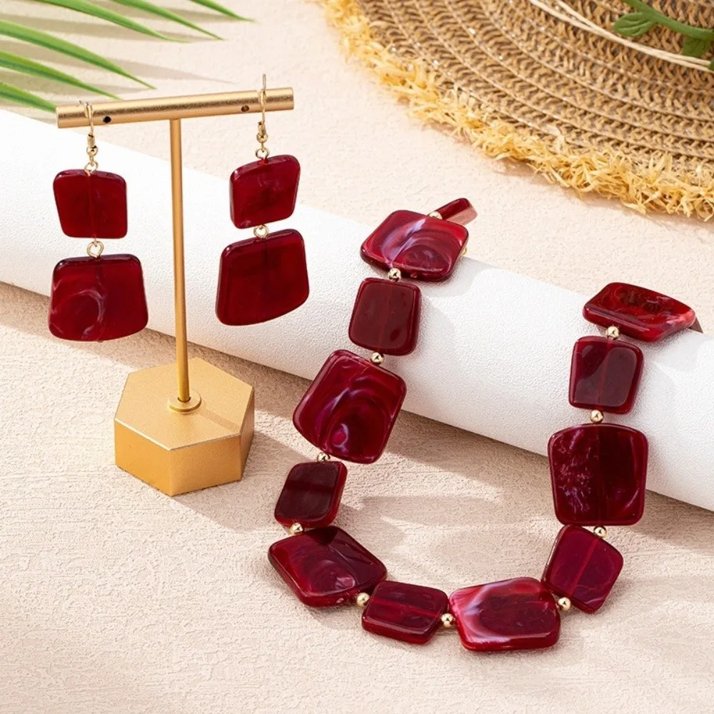 Fashion Square Shape Earrings Set Resin Wine Red Stud Earrings Beaded Neck Chain Jewelry Gift