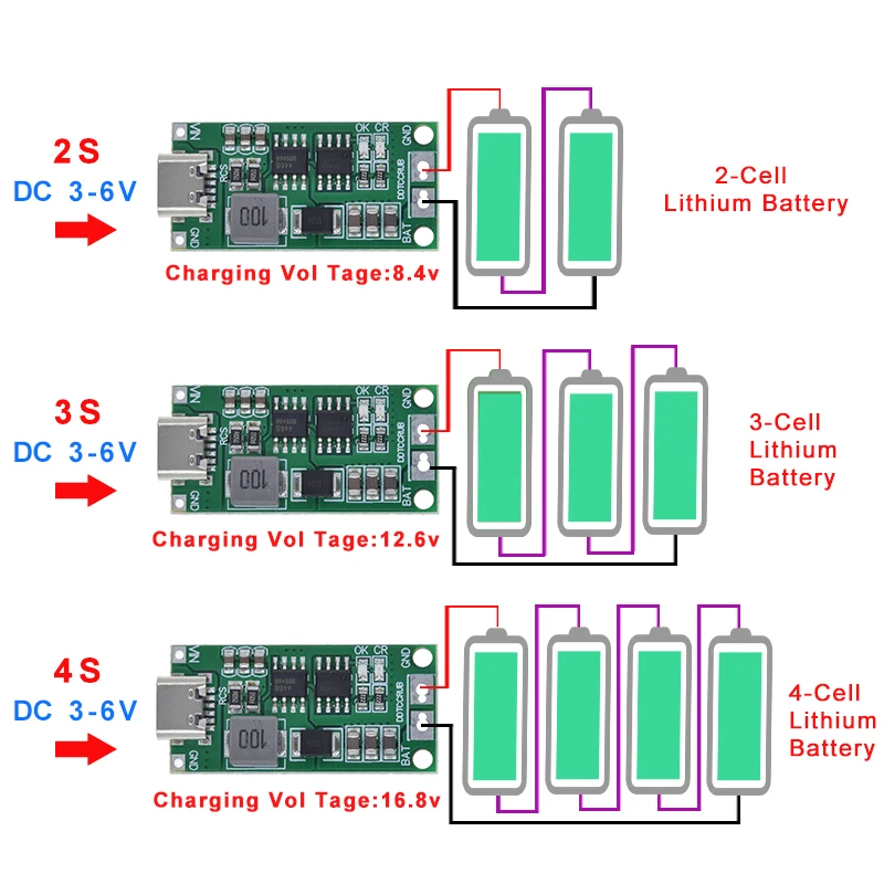 Multi-Cell 2S 3S 4S Type-C To 8.4V 12.6V 16.8V Step-Up Boost LiPo Polymer Li-Ion Charger 7.4V 11.1V 14.8V 18650 Lithium Battery