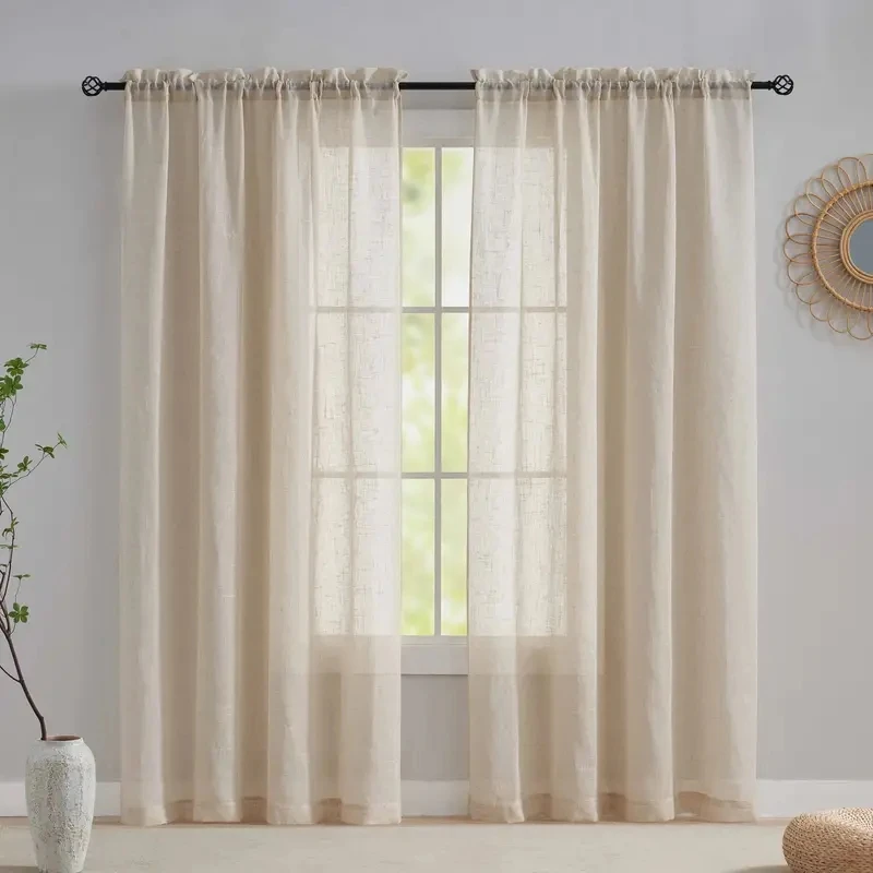 

Japanese Style Simplicity Beige Cross Texture Linen Semi Blackout Curtain For Living Room Bedroom Rustic Homestay Home Decor