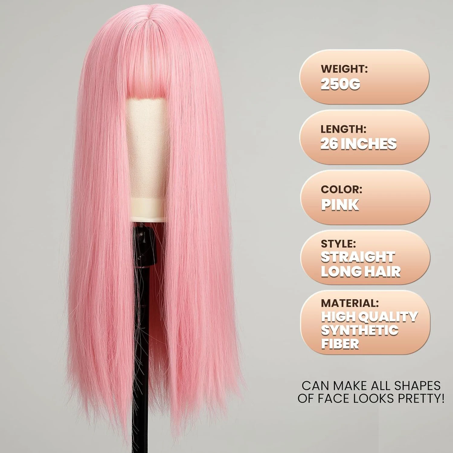 Pink Anime Cosplay Hair Wig with Bangs for Women Long Silky Straight Pink Synthetic Wigs for Girls Party Halloween Daily Use