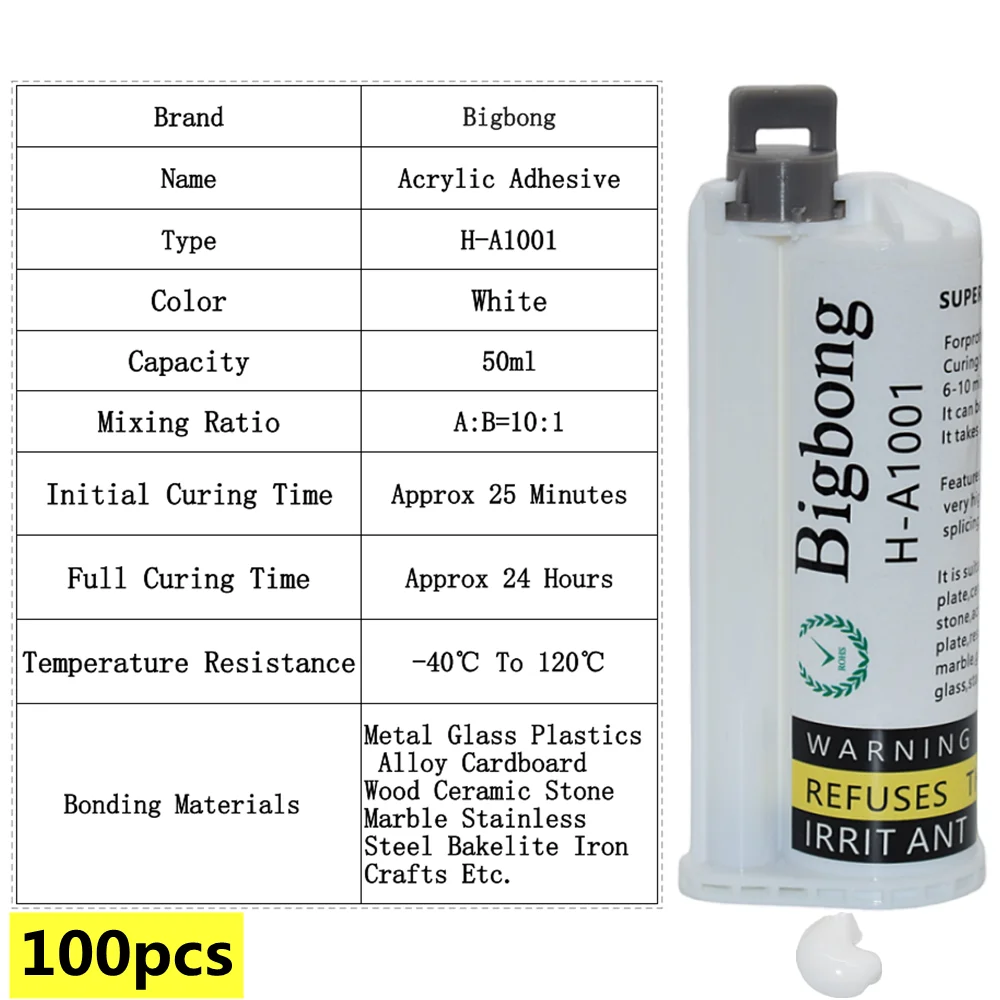 100 Stück 50 ml weiße Klebstoffe, 10:1 Acrylkleber, starker Kleber, 2-komponentiger Strukturkleber AB für nahtloses Verbinden von Holz, Stein, Metall – Detail 1