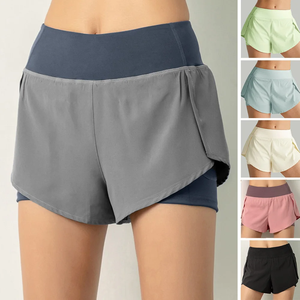 Women Running Shorts 2-in-1 with Pocket Wide Waistband Coverage Layer Liner Lounging Sport Yoga Leggings Fitness Workout Gym