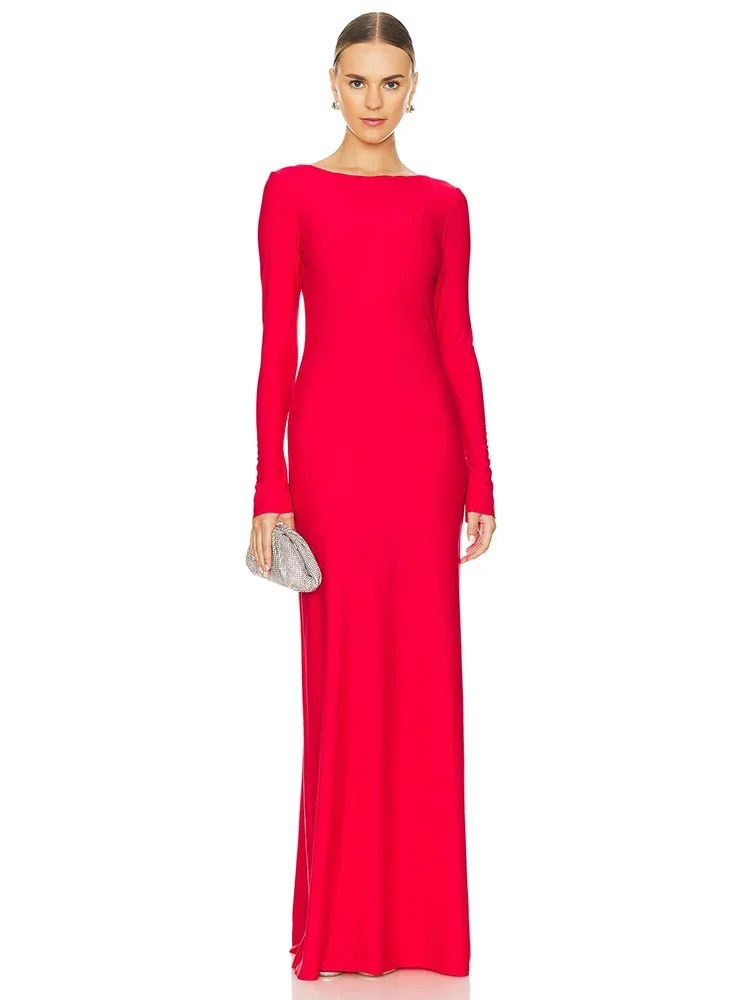 Sexy cuello redondo sin espalda de lujo diamantes apliques Maxi vestidos mujeres elegante rojo manga larga ceñido al cuerpo Celebirty vestidos de fiesta de noche