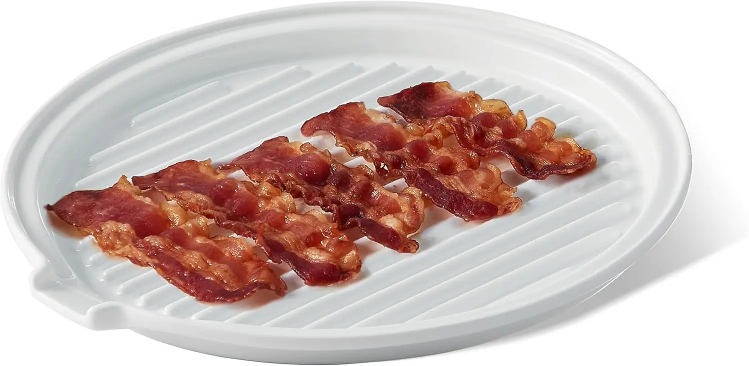 

11 Inch Ceramic Bacon Tray for Oven & Microwave - Crispy Bacon Maker with Grease Drain, White Round Baking Rack