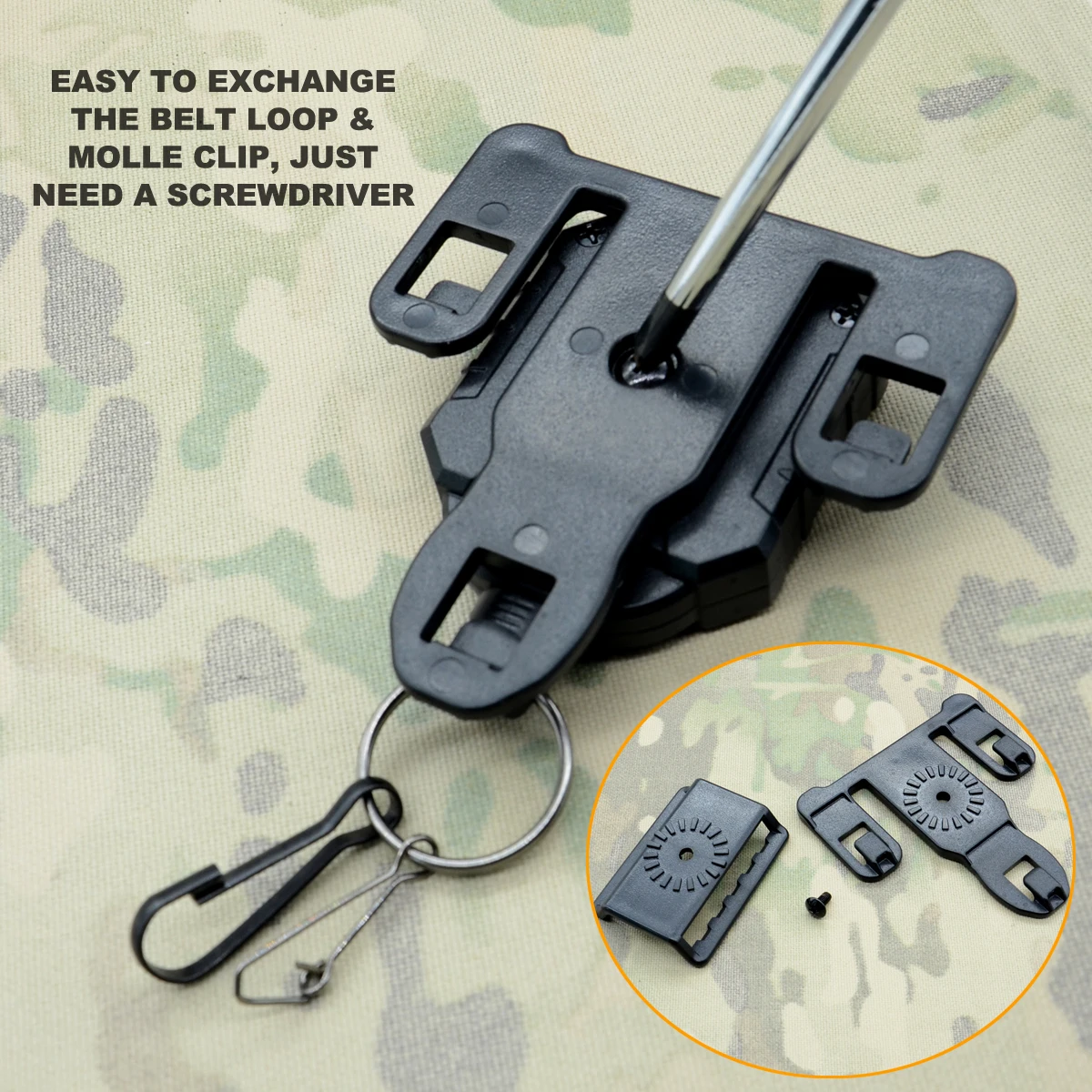 ROCOTACTICAL Self Retractable Reel Molle Tactical Tool Sling Cable Heavy Duty Carabiner Keychain ID Badge Holder Key Reel