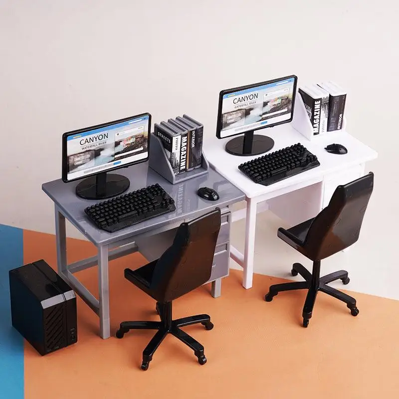 

Miniature Study Room Set, 1/12 Dollhouse Furniture of Computer Desk Chair Kit, Micro Scene Props Decoration