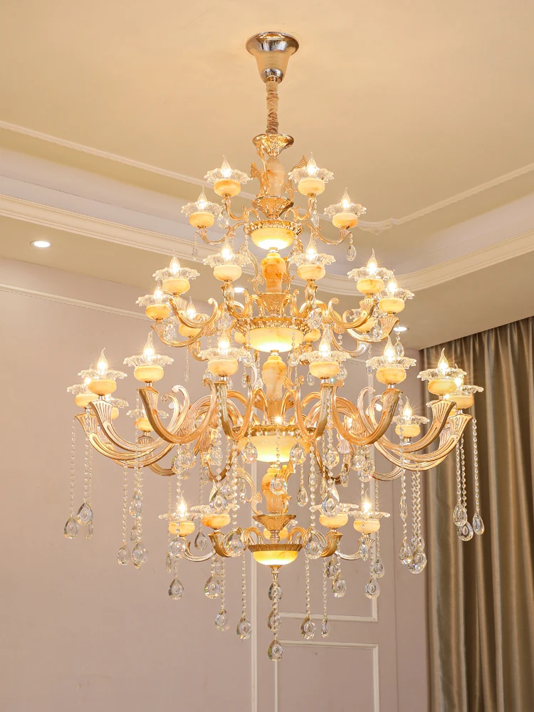 

European Jade Lamp Living Room Villa Duplex Building Luxury Grand Hotel Staircase Zinc Alloy Crystal Pendant Lights French Led
