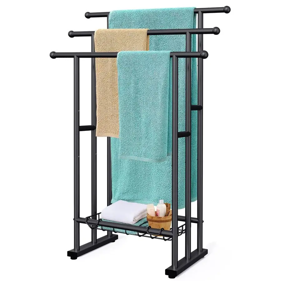 

40 H Free Standing Towel Rack, 3 Tier Alloy Steel Stand with Basket, Blanket Drying and Display Rack for Oversized Bath Towels B