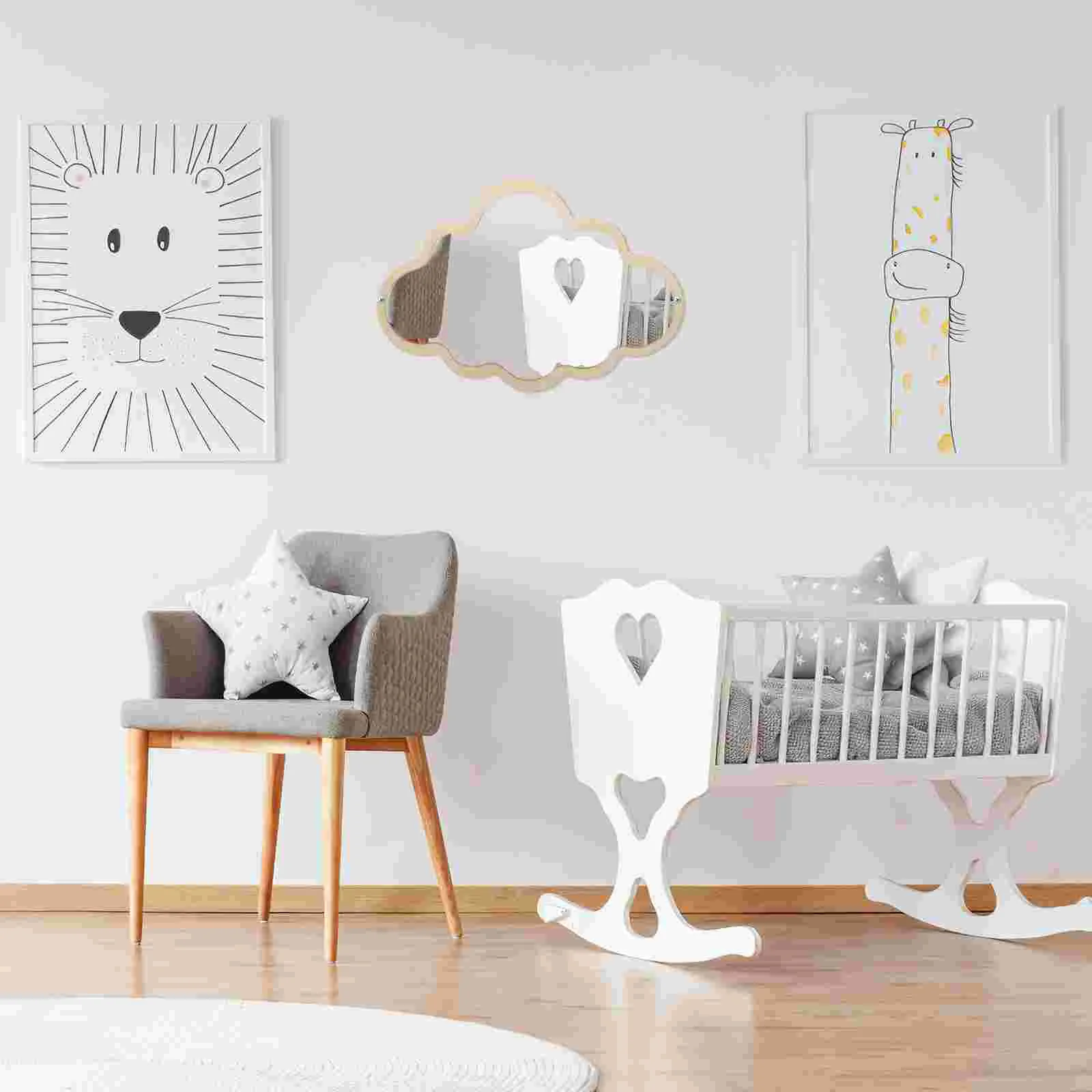 Meisje Cartoon Baby Handheld Spiegel Boho Kinderkamer Bamboe Stok Spiegels Muur Kinderen Veiligheid Tafelblad