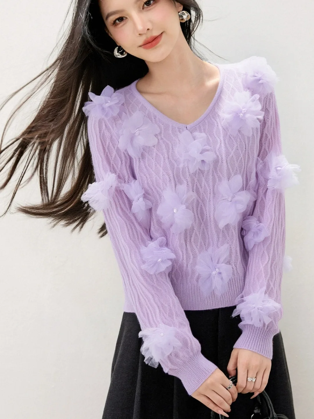 

Ele V-Ne Long Sve Knitted Sweater Diamond-Embroidered Heavy-Work Flower Design Autumn-Winter New Sle Quali Faion