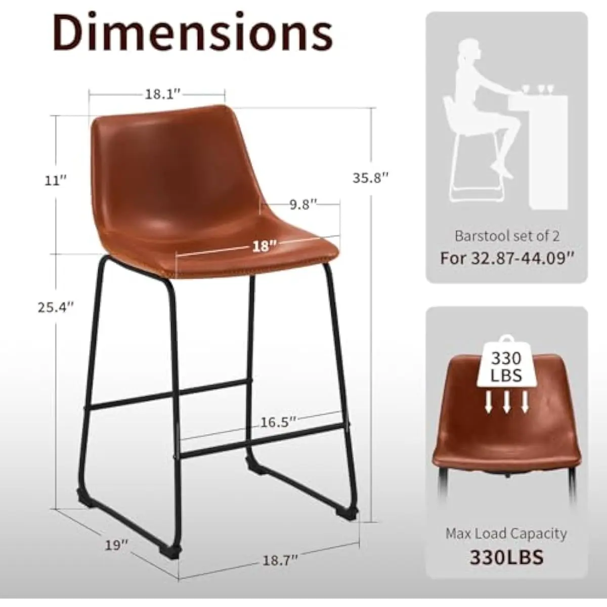 26 Inch Ergonomic Bar Stools Pair Featuring 24D Memory Foam Cushioning and 115 Degree Contoured Backrest Wrapped in Durable Craz