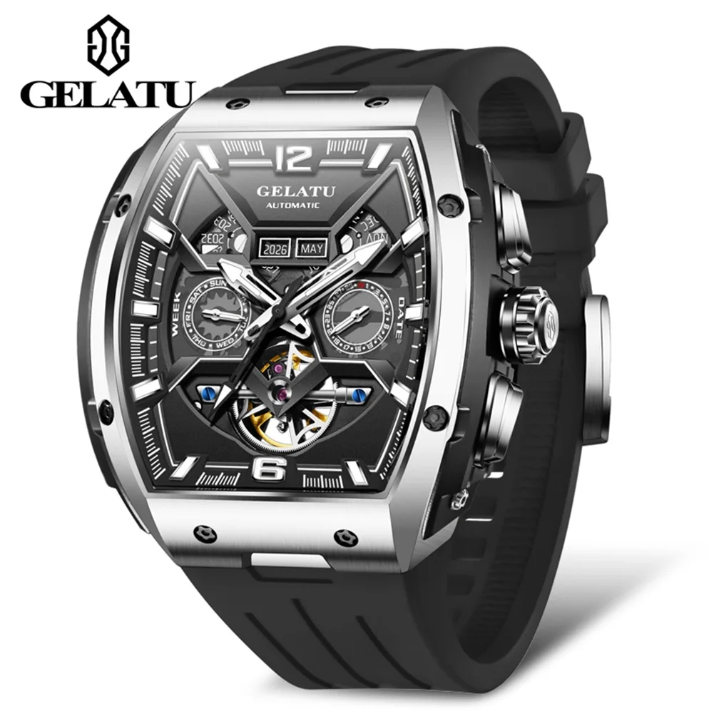 GELATU 6013 Mechanical Watches for Men Fashion Hollowed Flywheel Dual Calendar Wristwatch Luxury Original Automatic Man Watch