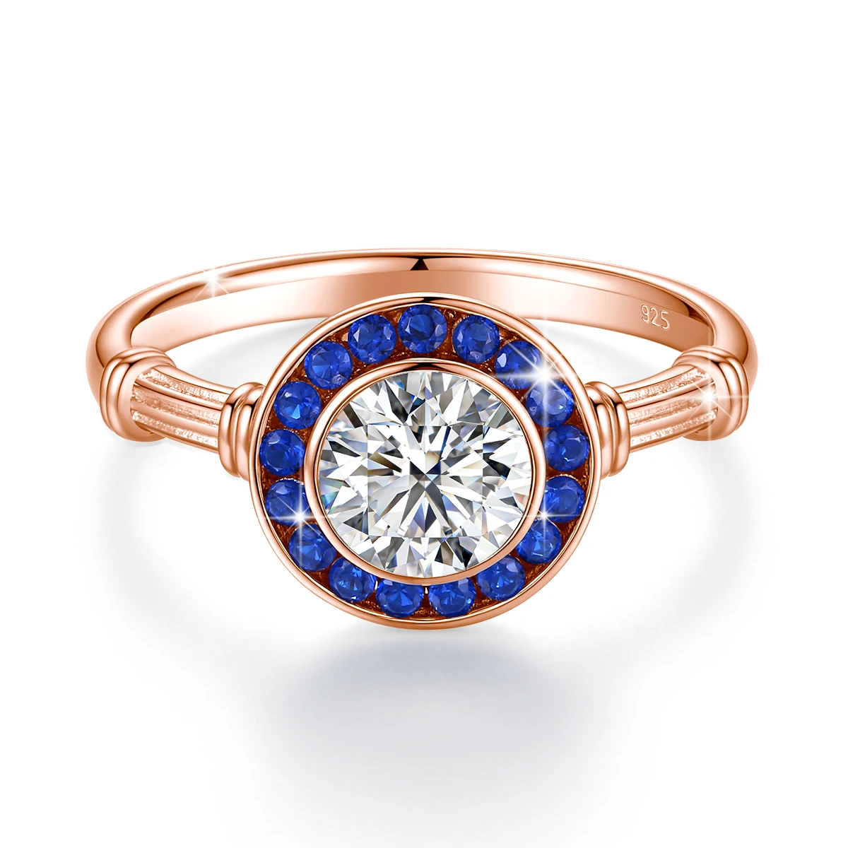 925 Silber Klassische Moissanit-Diamantringe für Damen, Luxuriöse Eingelegte Blaue Korund-Halo-Ringe für Hochzeit und Party – Detail 12