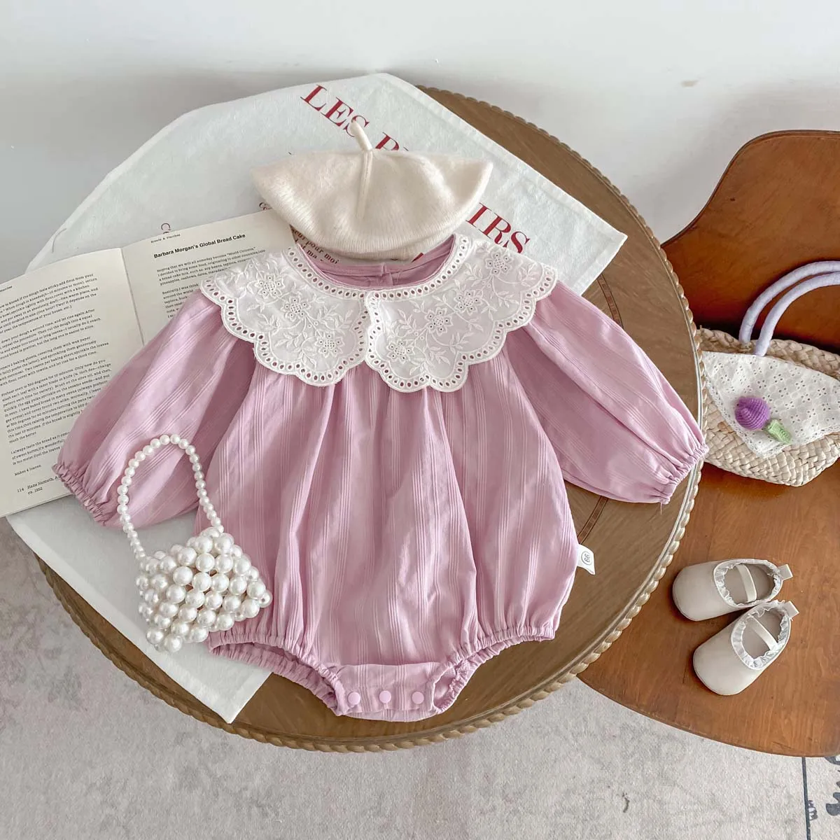 Korean Fashion Baby Romper Newborn Bodysuit Lace Peter Pan Collar Long Sleeves Infant Girl Jumpsuit 0-2yrs