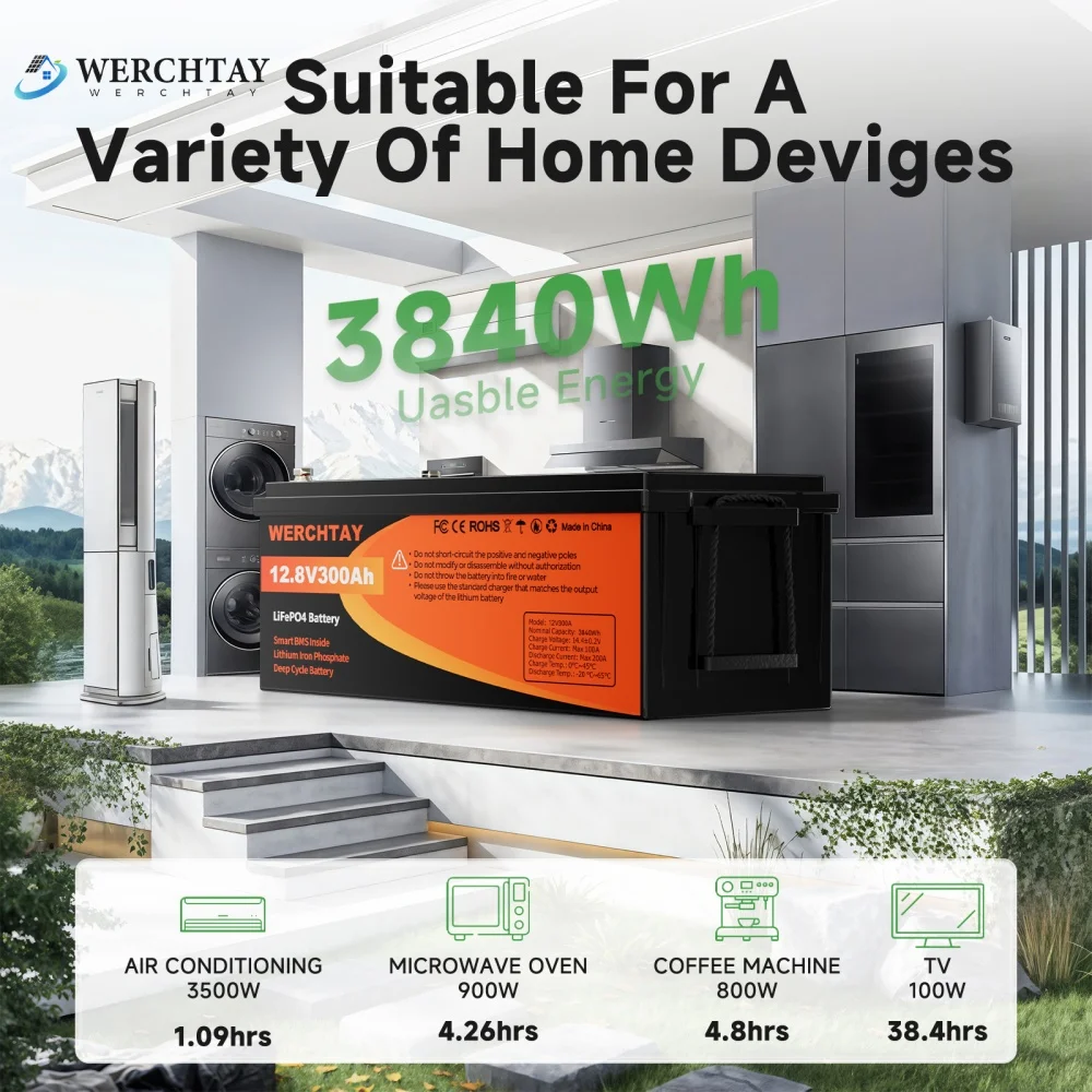 WERCHTAY 12V 300Ah LiFePO4 Battery 300A BMS 25000+ Cycles for Trolling Motor Solar Panel Van Camping Power Supply