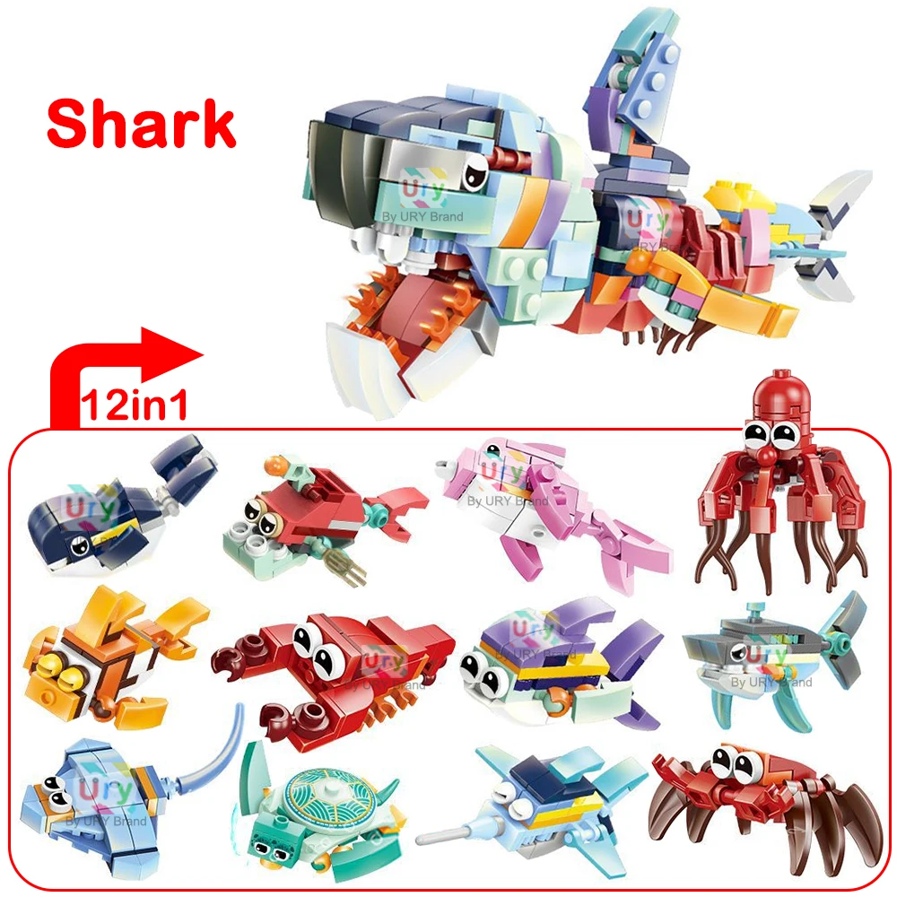 Moc 12in1 Ocean Marine Fish Animals Shark Octopus Hermit Crab Turtle Dolphin Model Set Building Blocks Diy Toys for Kids Gifts