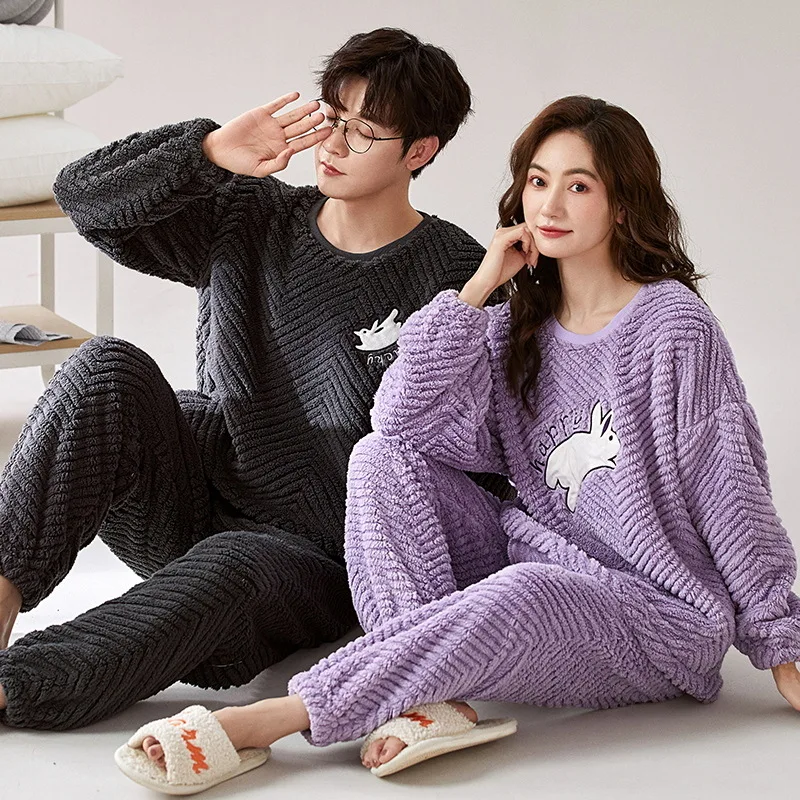 Casal flanela Plush Grosso Pijamas Set, homens e mulheres, tamanho solto, Warm Coral Velvet, Roupa para casa, Novo, Welcome Deal Discount