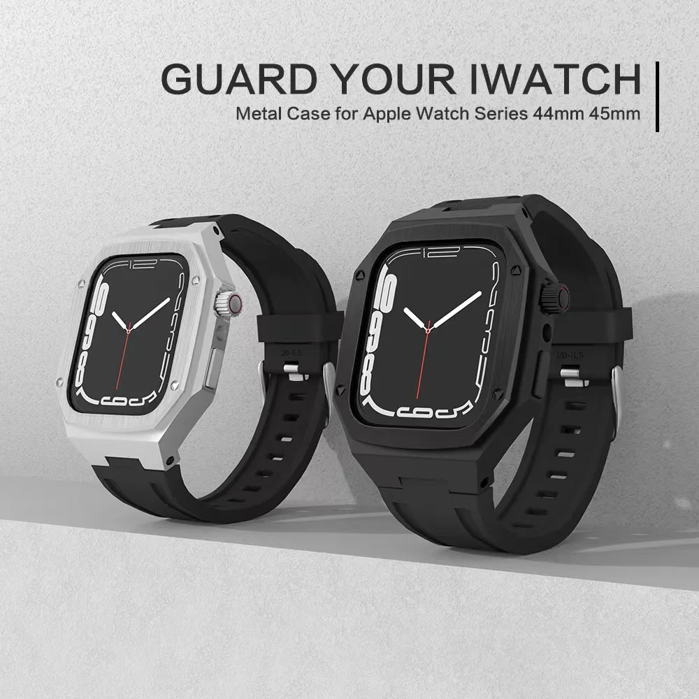 Metal Strap For Apple Watch Band 45mm 44mm Stainless Steel Protective Case+Strap All-in-one kit For iWatch 8 7 6 5 SE 45mm 44mm