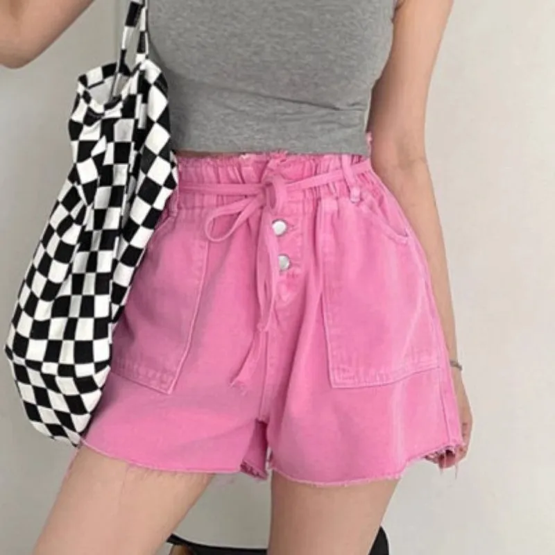 

GUUZYUVIZ Summer High Waist Button Bandage Tassle Wide Leg Womens Shorts Summer Loose Denim Short Feminino Jean