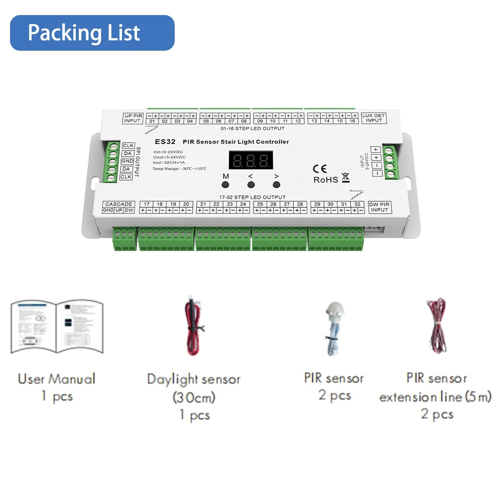 Imagem -06 - Stair Controller com Sensor de Movimento Pir Interruptor de Luz Noturna Escada Interior 32 Canais dc 5v 12v 24v Es32