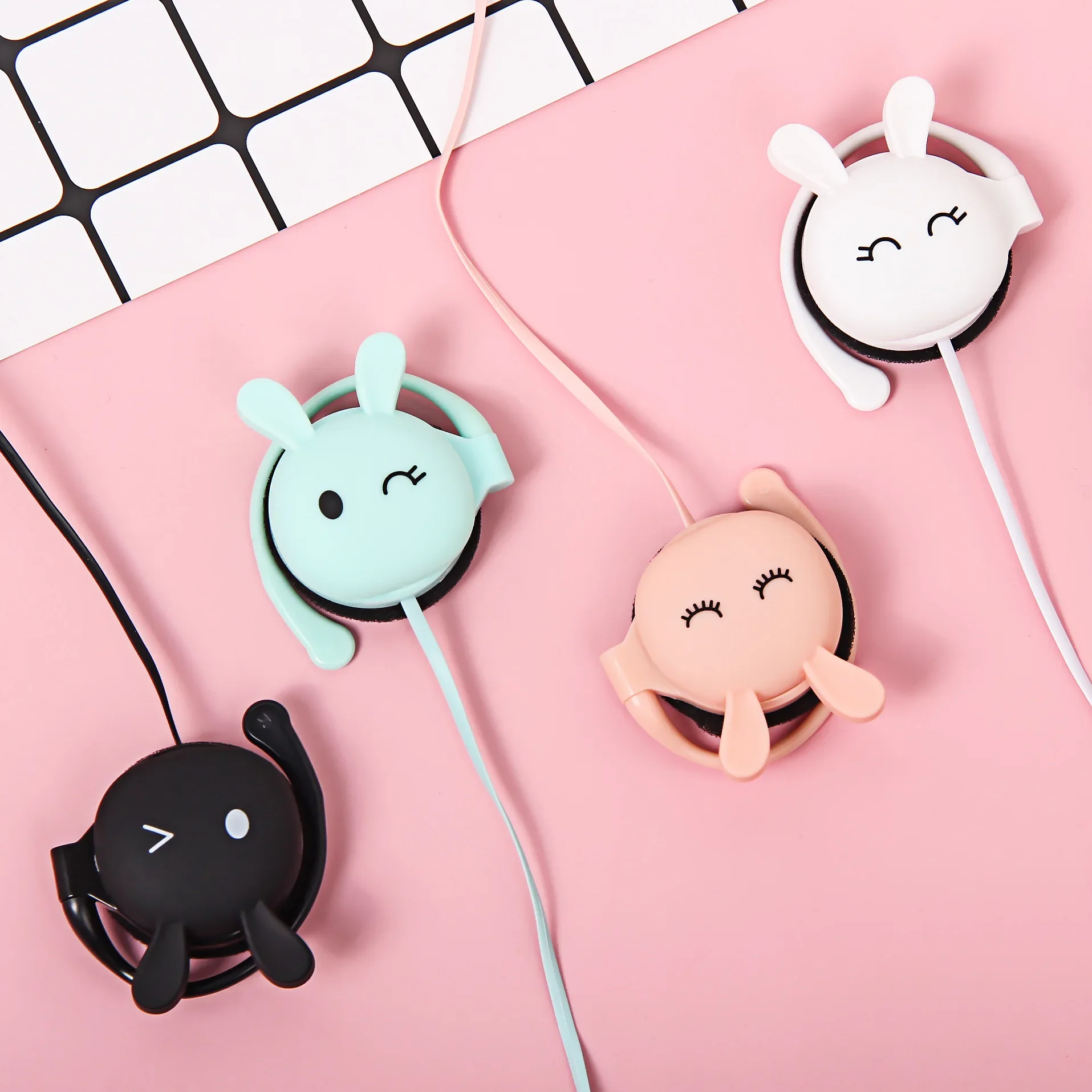 3.5mm Cute Rabbit Wired earphone With Ear-hook Sports Headset For Girls Kids Gift With Built-in Microphone Helmets Headphone