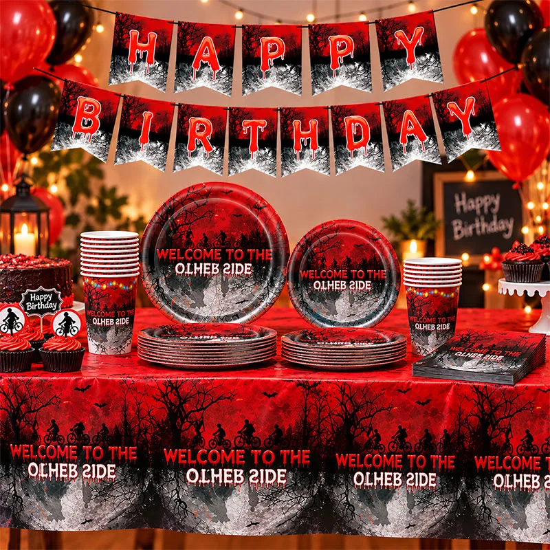 Horror Popular Movie Banner Plate Cups Strangersed Theme for Birthday Party Shower Festival Decorative Packing Supply Celebratio